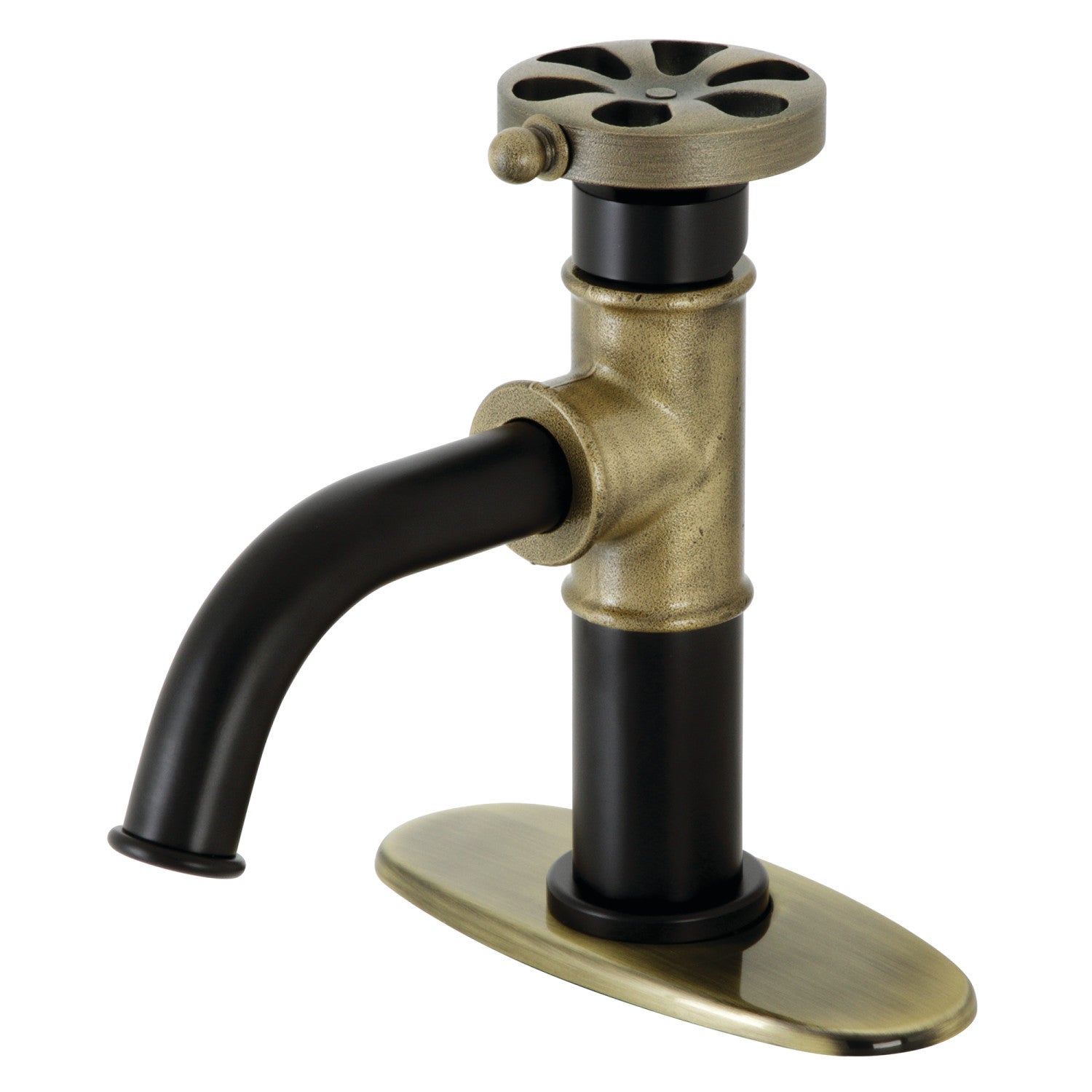 Kingston Sona KSD2823RX - Belknap One-Handle 1-Hole Bathroom Faucet with Deck Plate and Push Pop-Up Drain, Matte Black/Antique Brass — image 1